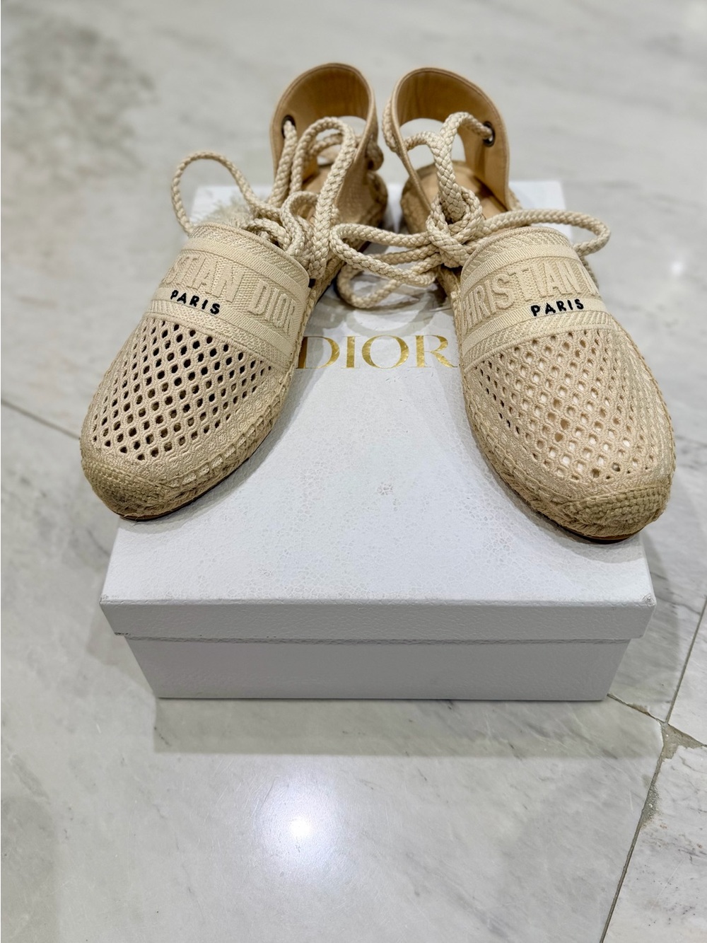 New without tag Dior Cream Woven Lace-Up Flat Espadrilles
